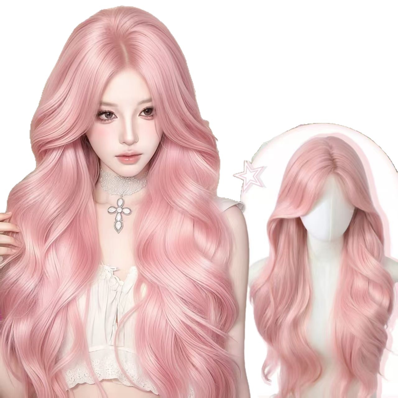 Manta Rose Barbie Pink Wavy Full Head Wig for Women, Breathable and Youthful Lolita Style