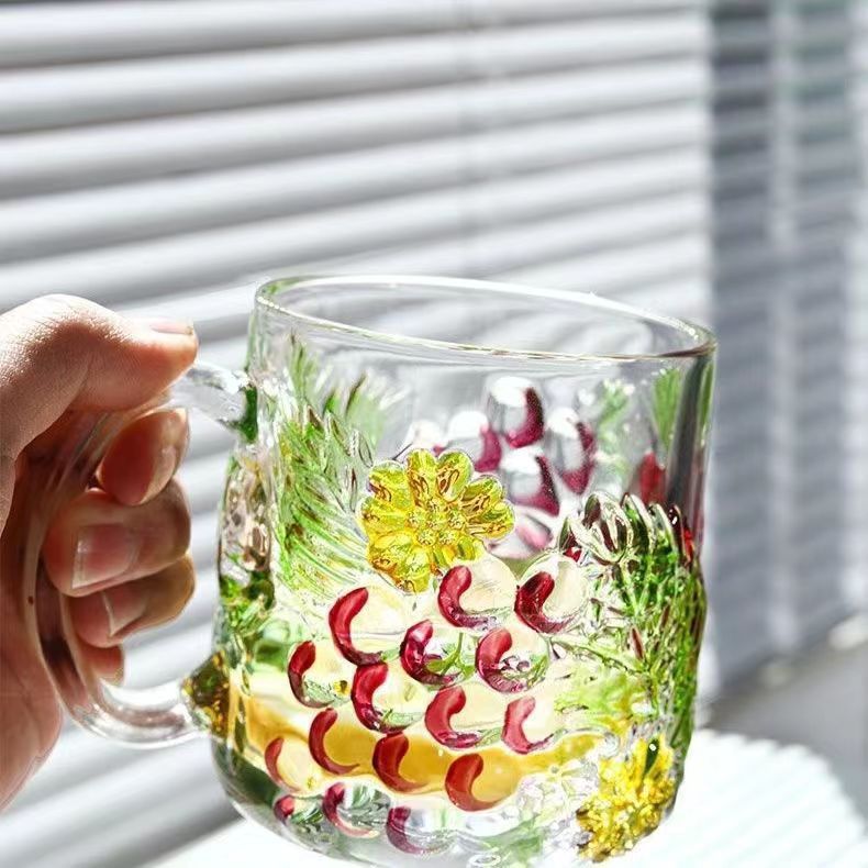 百果手繪把手杯創意浮雕玻璃果汁杯無鉛無汞水杯加厚隔熱家用杯子