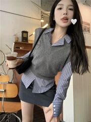 早秋假两件polo领上衣条纹衬衫复古学院叠穿背心马甲长袖针织衫