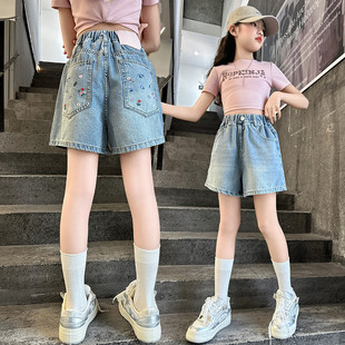 Girls' Embroidered Denim Shorts 2025 Summer New Children's Pants Loose Slimming Western Style High Waist A- Shed Floral Hot Pants