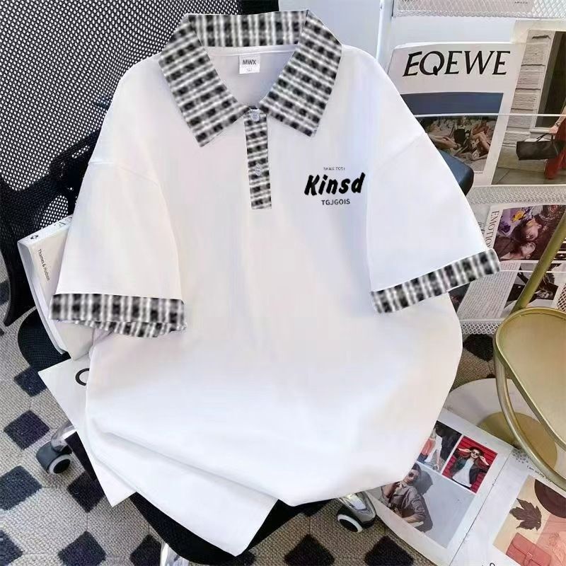 Plaid Patchwork Polo Collar Short-Sleeved T-Shirt for Men and Women, Summer Letter Print, Loose Casual, Age-Reducing, College Style Top