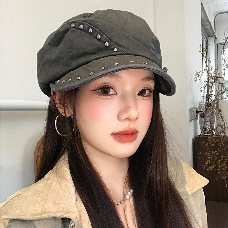 美式复古铆钉贝雷帽女个性小众辣妹显脸小报童帽千禧八角画家帽子|undefined