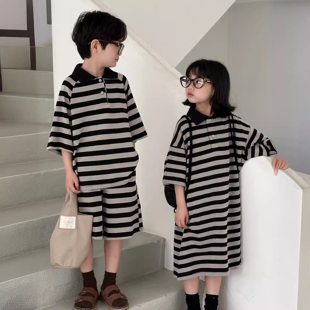 童套装2024夏款男童女童韩版POLO领条纹卫衣裙儿童短袖短裤两件套