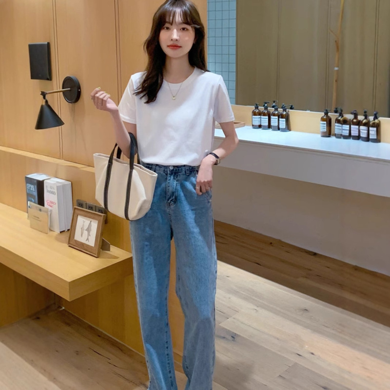 女性用右肩白綿半袖Tシャツ黒夏薄手ゆったり無地ベーシックシンプルスリムトップ|undefined