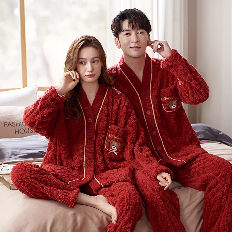 Coral polar pareja pijamas de invierno de las mujeres de manga larga kimono japonés con cuello en V estilo coreano de dibujos animados lindo traje de homewear de los hombres