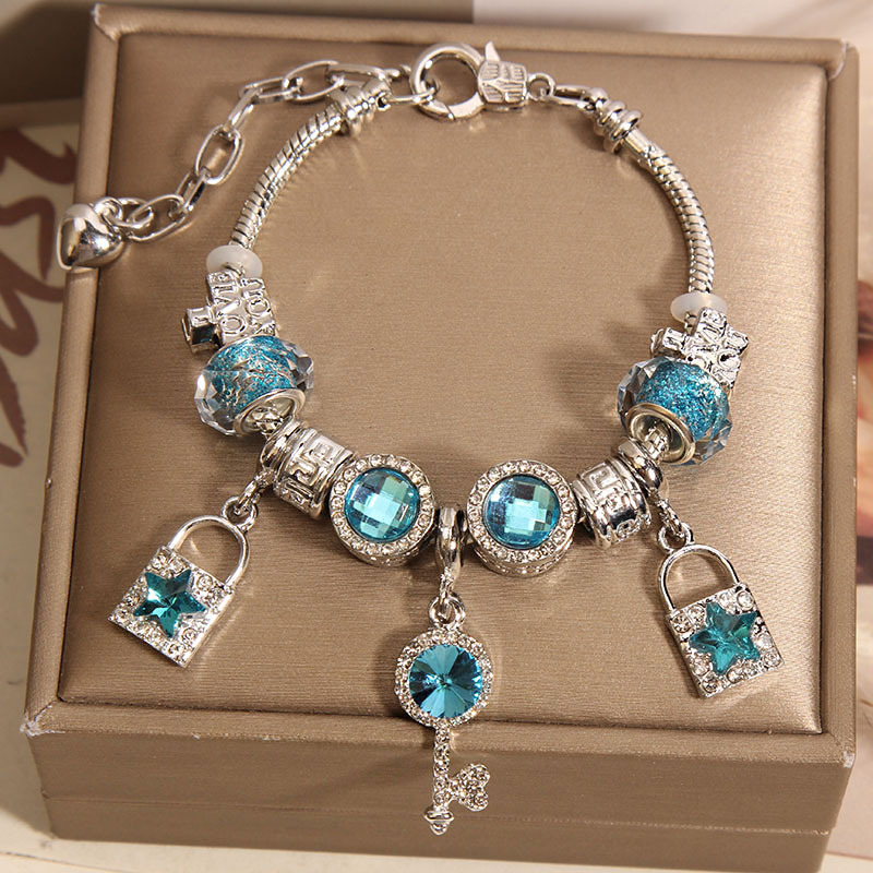 Forest Series Blue Glass Bead Bangle With Key Lock For Women_voghion.com