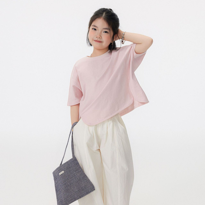 Bobokids 26Th Spring/Summer New Japanese Style Children's Clothing for Boys and Girls, Wide-Fit Short-Sleeve T-Shirt with Curved Front Hem, Parent-Child Matching
