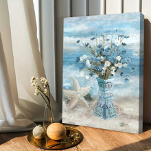 海滩蓝色海洋客厅挂画喷绘帆布画芯 海星雏菊花朵卧室装饰画外贸