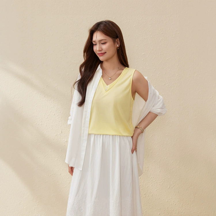 [Лезель смешанный поддельный двухполосный жилет с V-образным вырезом] Felly Show большой размер женский толстый mm2025 летний новый