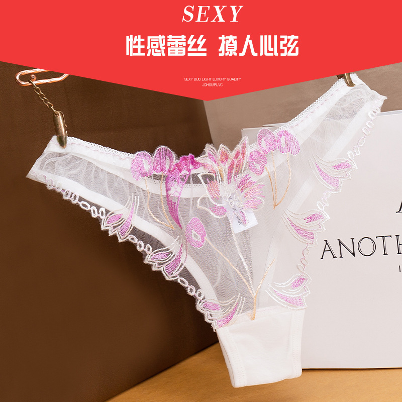 Sexy Lingerie European and American Mesh Fully Transparent Embroider Sexy Women's Underwear Temptation t Pants Women's Thong Women