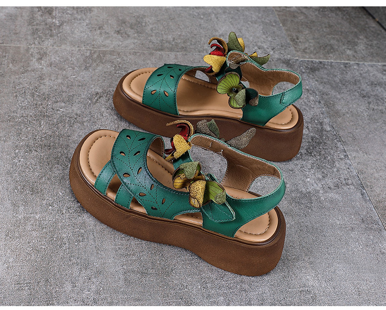 Sandal nữ hở mũi đế bệt da bò thật quai mảnh thủ công hoa — Màu trắng be chi tiết 12