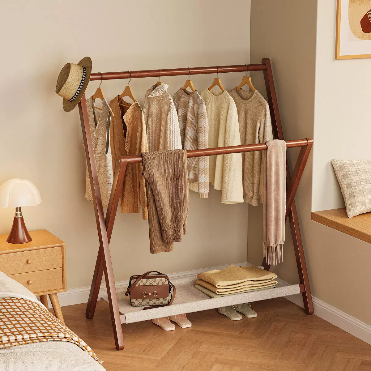 折叠挂衣架落地立式床边放衣服整理收纳架家用卧室简易置物衣帽架