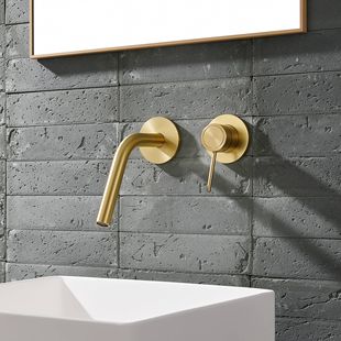 All-Copper Brushed Gold Concealed Basin Wall-Mounted Hot and Cold Faucet with Extended Spout
