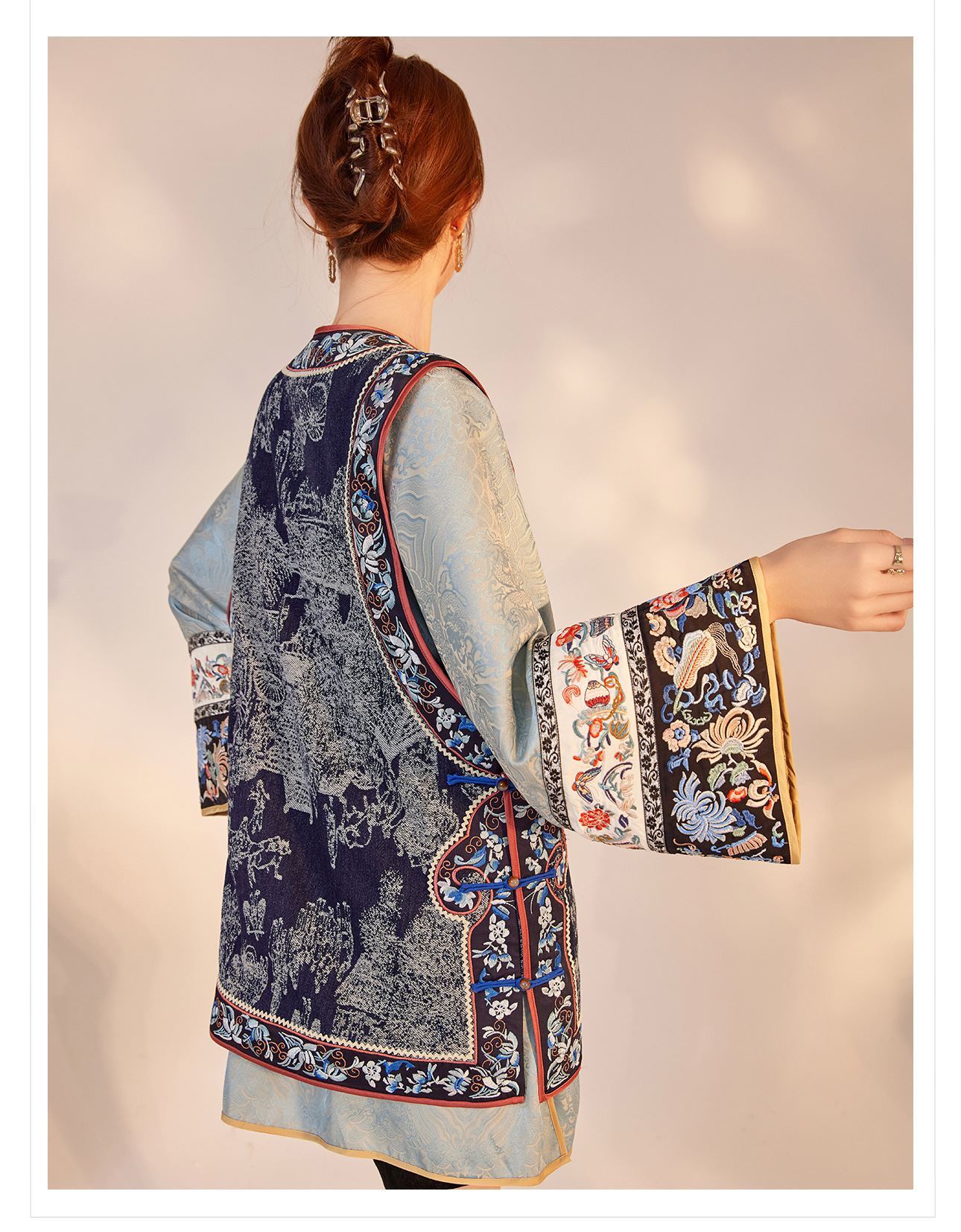 Áo khoác blazer nữ kiểu Trung Quốc cao cấp chất lụa jacquard tay dài mùa thu — Màu xanh lam nhạt chi tiết 18
