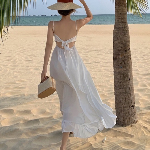 French-style sexy pure desire backless bow-neck white tank top dress for women summer beach vacation temperament long dress