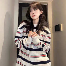 美式设计感条纹卫衣女款秋宽松慵懒风潮牌长袖恤薄上衣潮圆领秋季
