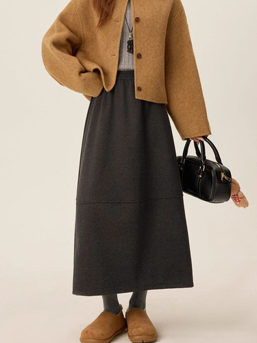 Wool skirt, umbrella-style skirt, A-line puffy wool skirt, new dark gray mid-length skirt.