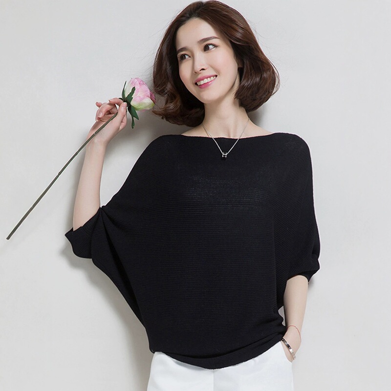 Short-Sleeve T-Shirt for Women, Batwing Shirt, New Style Women's Fashion, Off-Shoulder Loose Mid-Sleeve Ice Silk Knit Top, Thin Spring and Autumn Blouse