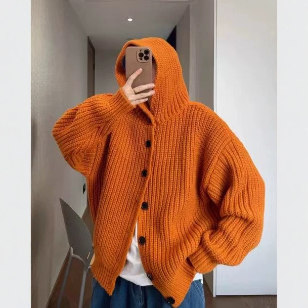 Heavyweight orange sweater coat for men, autumn and winter, casual style, hooded knitwear, high-end American-style chunky knit cardigan
