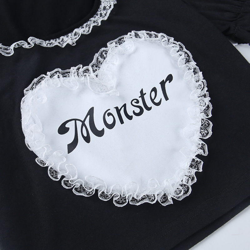 Monster Letter Printed Short Navel-Leaking Lace T-Shirt NSGYB98960