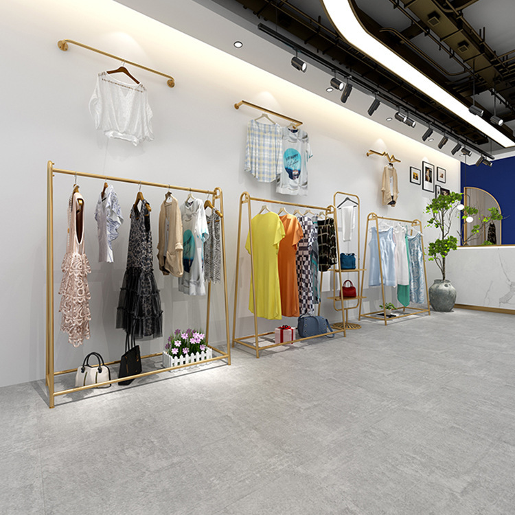 女装服装店专用衣服店铺展示架子挂衣杆落地式金色货架中岛陈列架