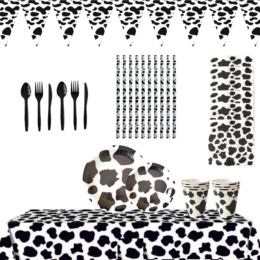 Nueva granja de dibujos animados vaca tema partido Rancho papel blanco y negro Placa de Mantel triángulo bandera tire bandera partido traje mercancías