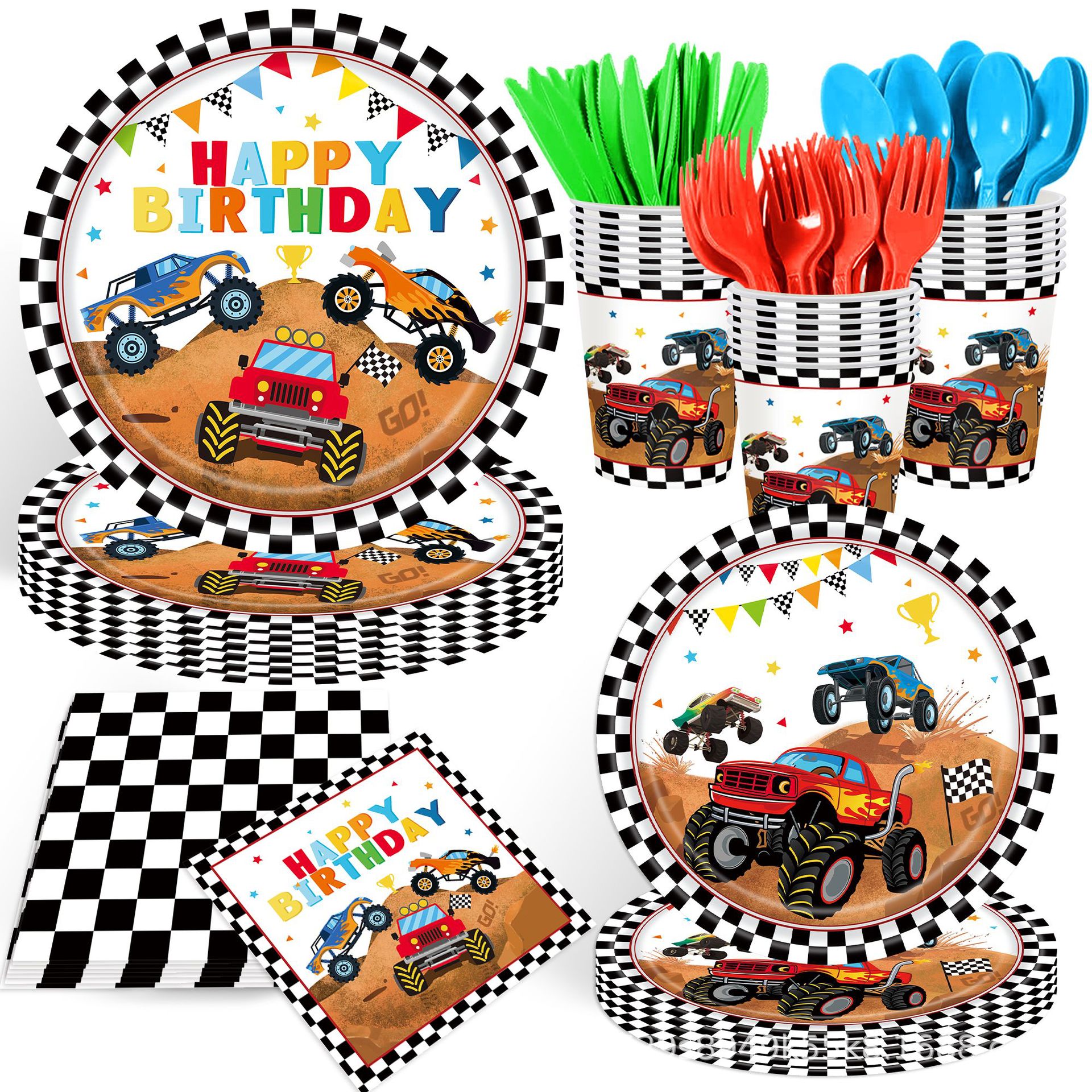 Monster Truck Party Supplies Monster Machine Happy Birthday Checkered Tableware Set Children's Theme Party Arrangement