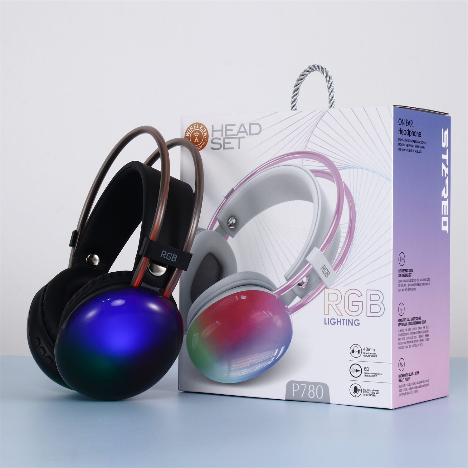 Nuevo auricular Bluetooth montado en la cabeza transfronterizo, auricular inalámbrico RGB luminoso de graves pesados, duración de la batería ultralarga y reducción de ruido