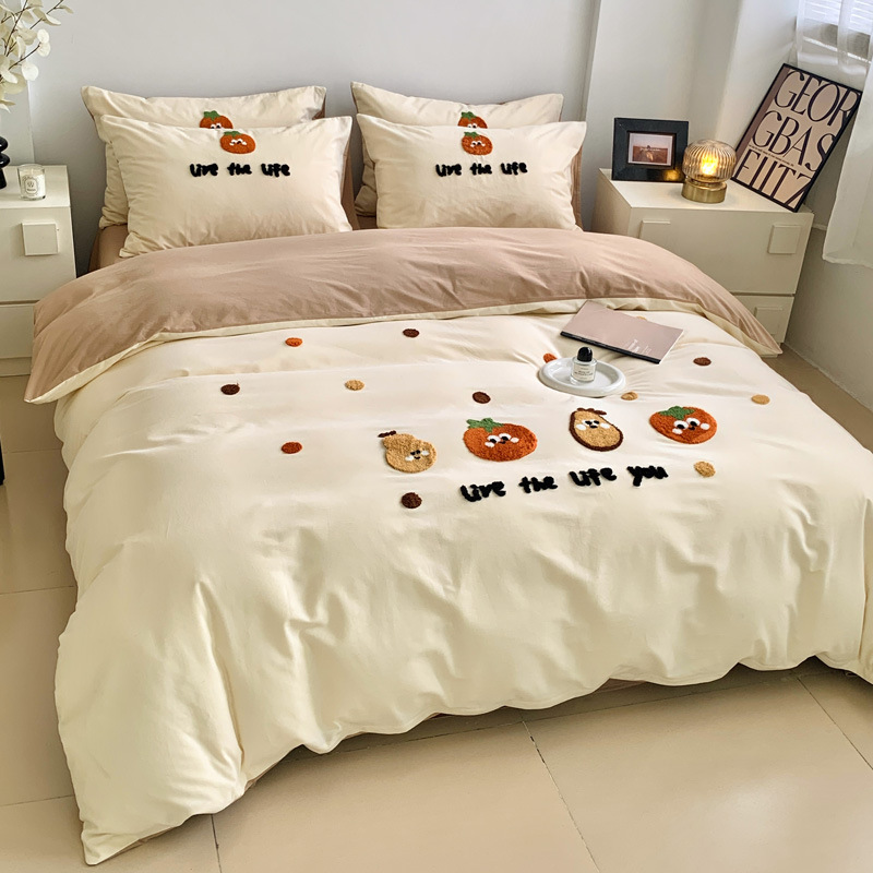Cotton Thickened Sanding 4-piece Set Autumn and Winter Class A Printing and Towel Embroidery Cartoon Quilt Cover Bed Sheet Bed Cover Nantong Delivery