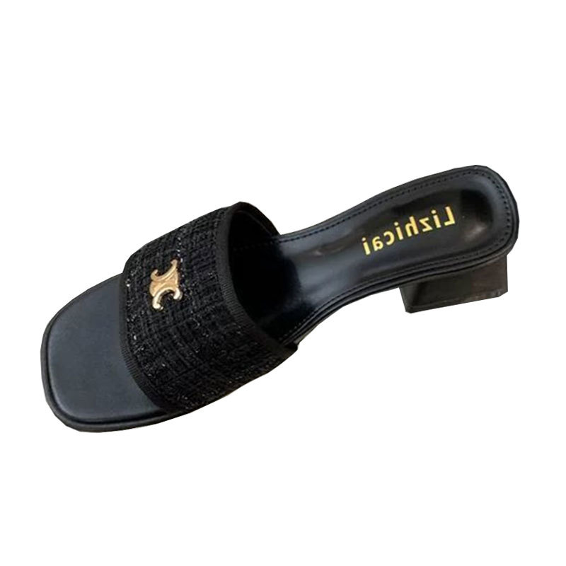 Sandalias y pantuflas de punta cuadrada con hebilla de metal de tacón grueso para el verano de 2025