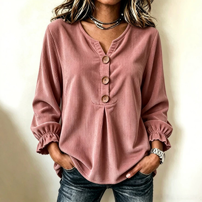 2026 European and American women's fashion cross-border Amazon independent site new corduroy long-sleeve shirt with V-neck for commuting