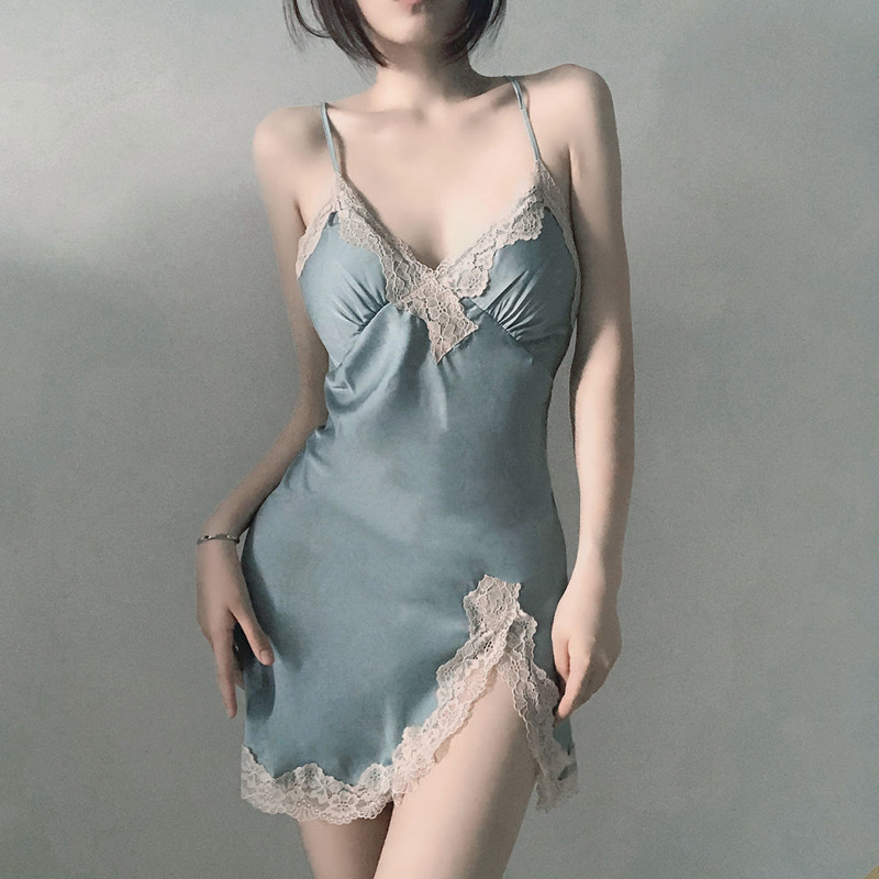 Sexy pajamas high-grade women's summer ice silk thin small chest lace strap beauty back cross nightdress suit elegant