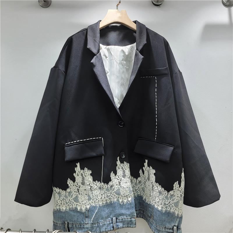 Women's Suit 2026 Spring New Style Denim Patchwork Contrasting Color Lace Crochet Suit Jacket Long-Sleeved Top Women's Suit 2026 Spring New Style Denim Patchwork Contrasting Color Lace Crochet Suit Jacket Long-Sleeved Top