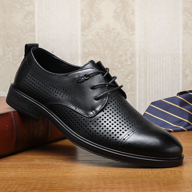 2025夏季头层牛皮凉鞋商务正装镂空透气洞洞鞋男士防滑软底皮鞋