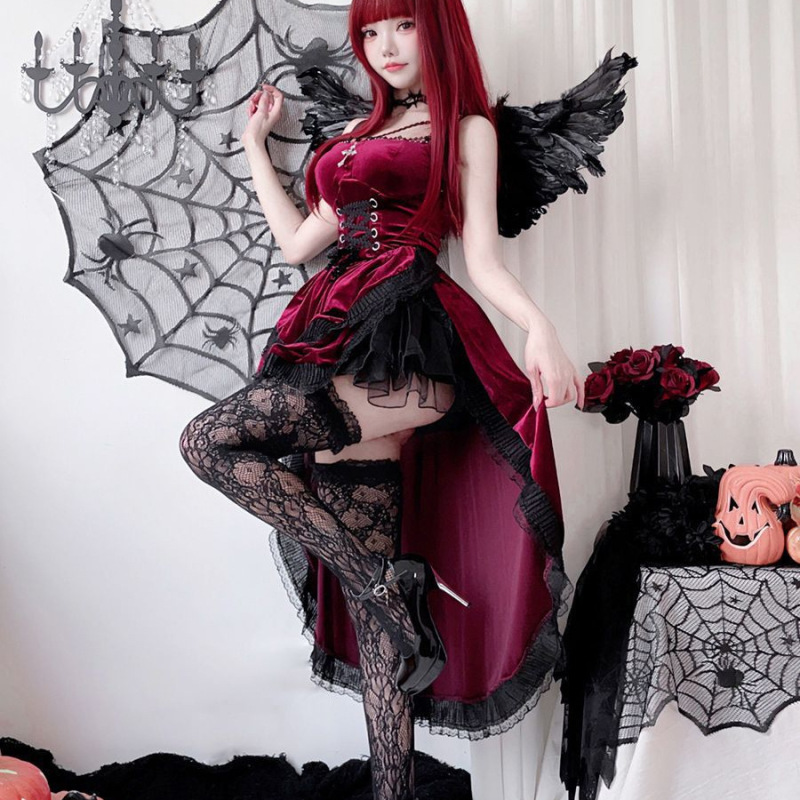 2025 Dark Gothic Halloween Costume Women's Dress Swallowtail Witch Vampire Bride Performance Costume