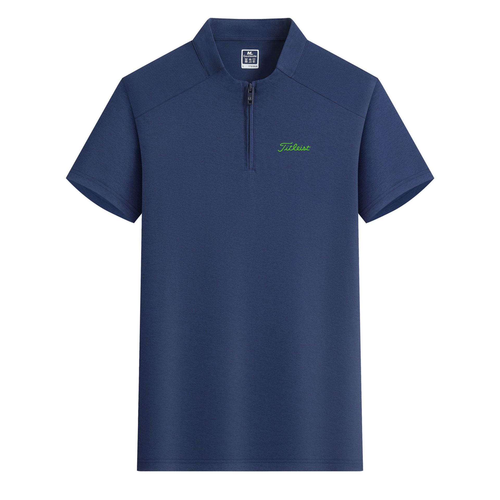 新款跨境立领短袖POLO衫休闲运动透气高弹刺绣印花上衣