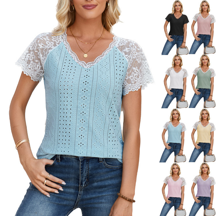 European and American Cross-Border Export Women's Clothing 2024 Amazon Spring and Summer New V Neck Lace Splicing Loose Casual Eyelet T-Shirt