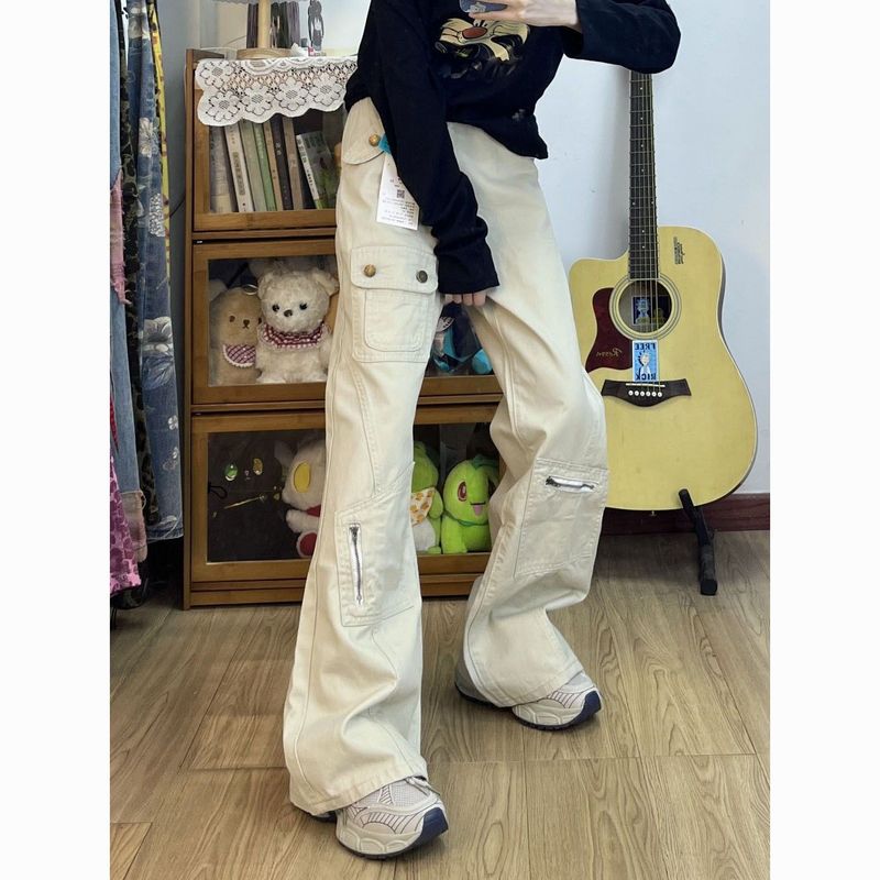 【广州新塘牛仔】工装微喇牛仔裤女高腰显瘦多口袋不贴腿马蹄拖地|undefined