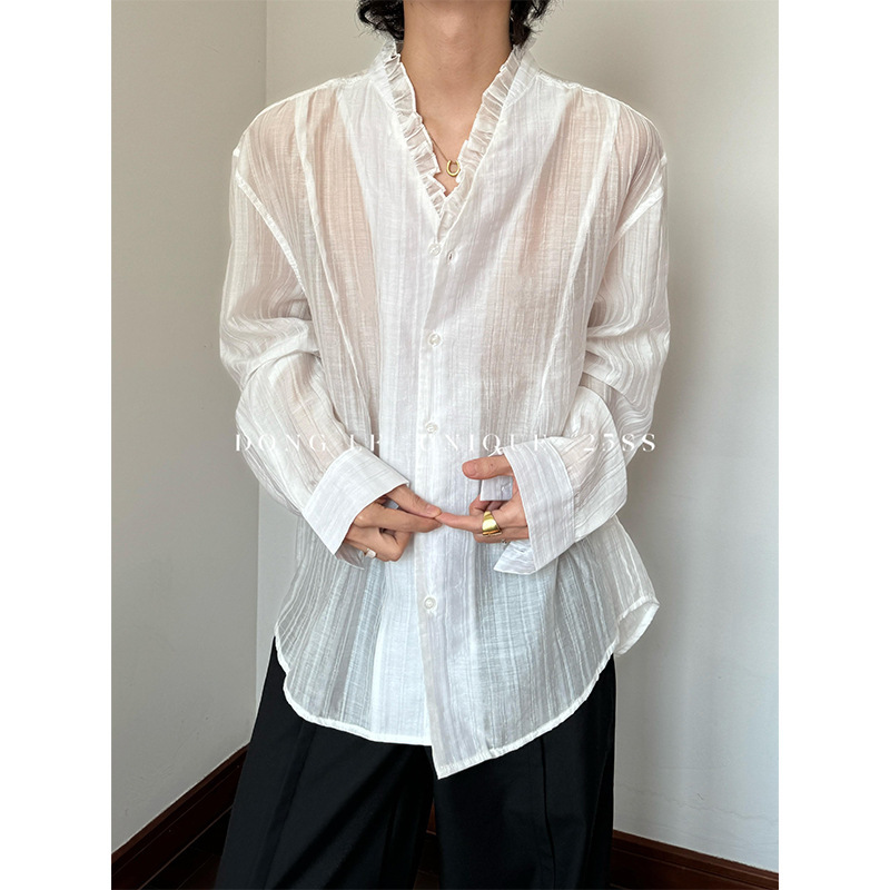 Korean Style Dark Stripesd Texture Pleated Lace V-Neck Shirt for Men and Women Loose Casual Light Design Long-Sleeved Shirt