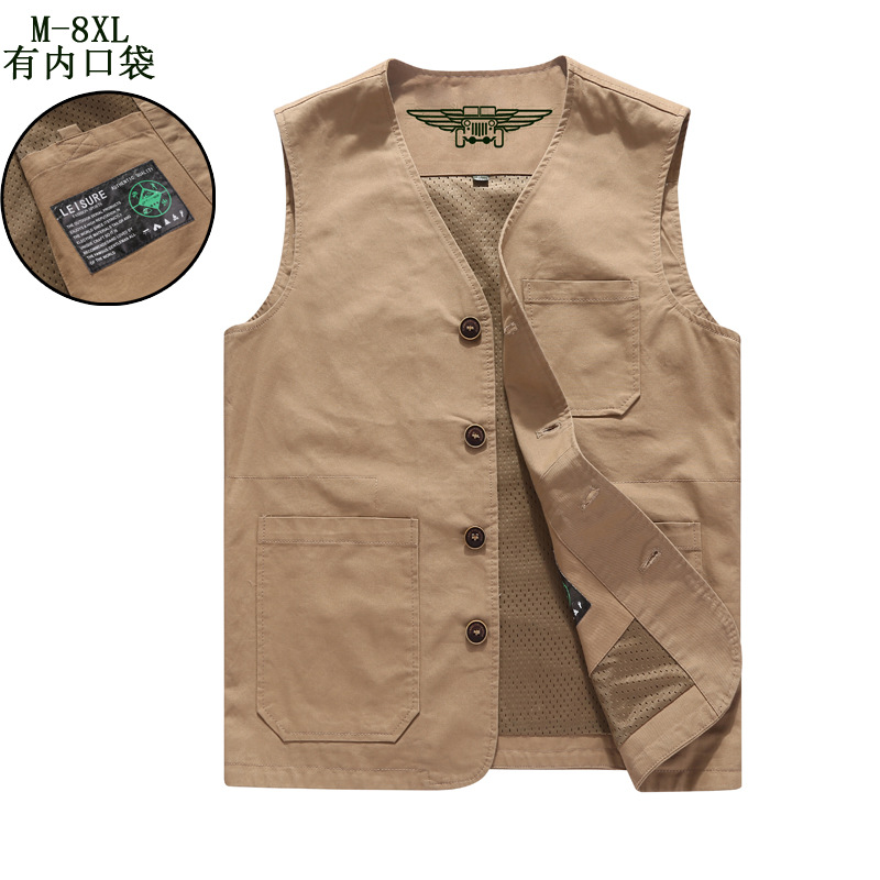 Men's Plus Size Pure Cotton V-neck Vest Middle-aged and Elderly Casual Fishing Waistcoat Spring and Autumn Work Uniform Foreign Trade Dad's Suit