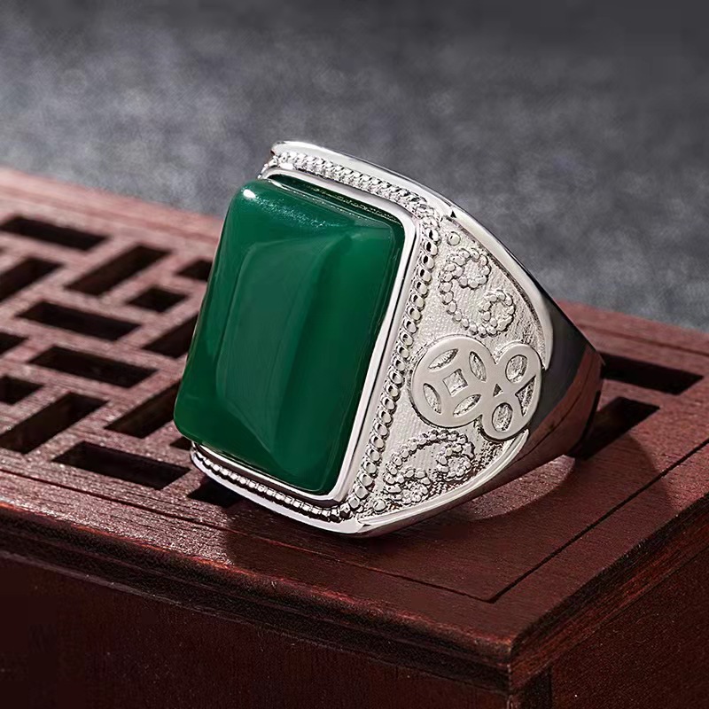 Coin live-mouth gemstone men's ring imitation agate emerald ring imitation natural stone generous silver ring jewelry
