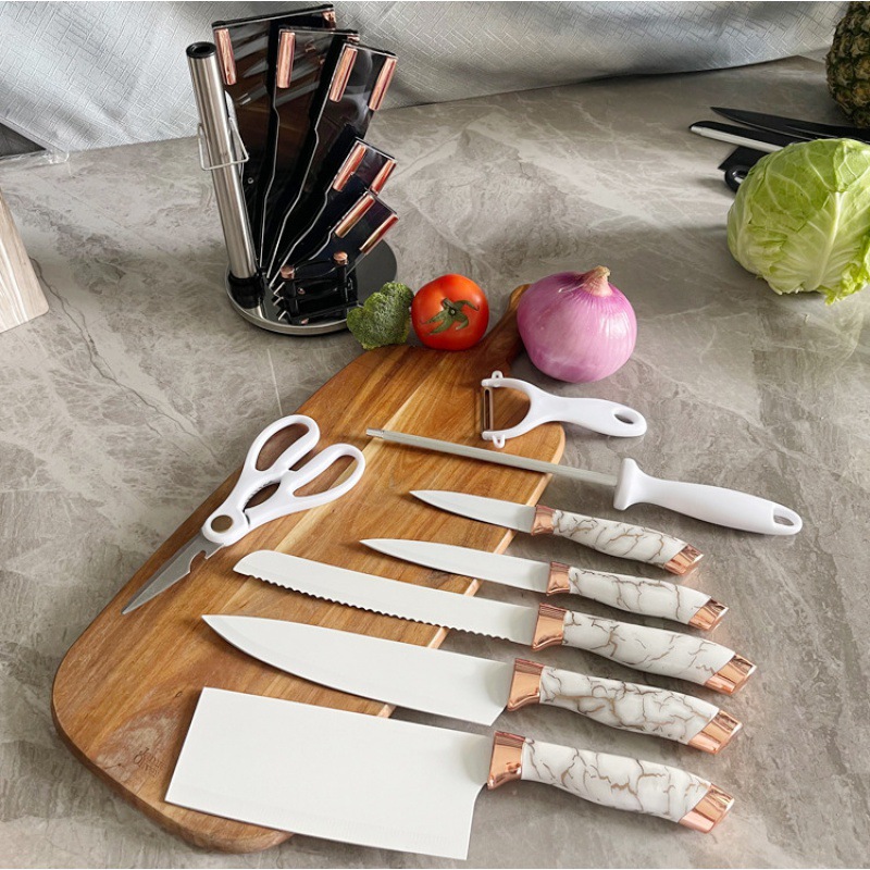 En stock mango de mármol conjunto de 9 piezas de estilo occidental antiadherente cuchillo de cocina oro rosa giratoria cuchillo titular al por mayor