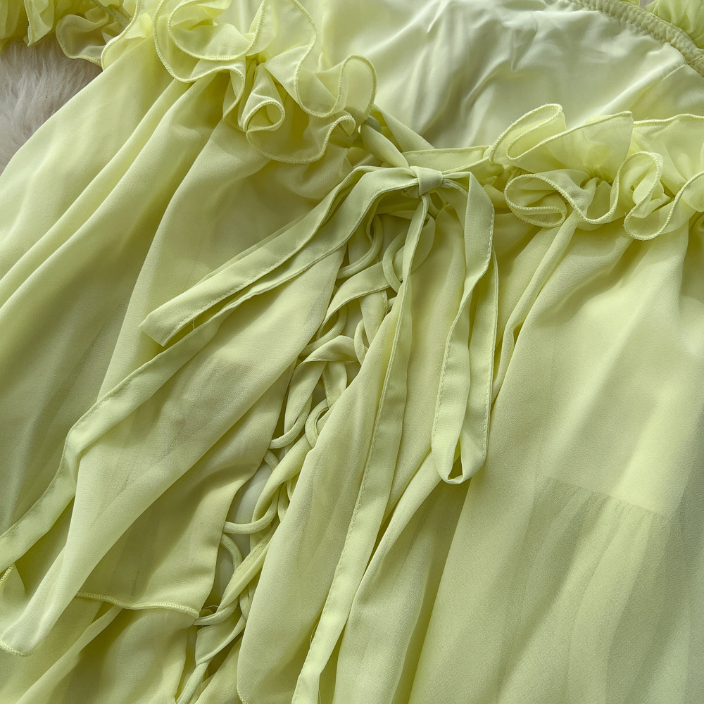 French Style Halter Neck Sleeveless Ruffle Dress Korean Summer High Waisted Cake Skirt Vacation Elegant Long Dress for Women_ecoleips.com