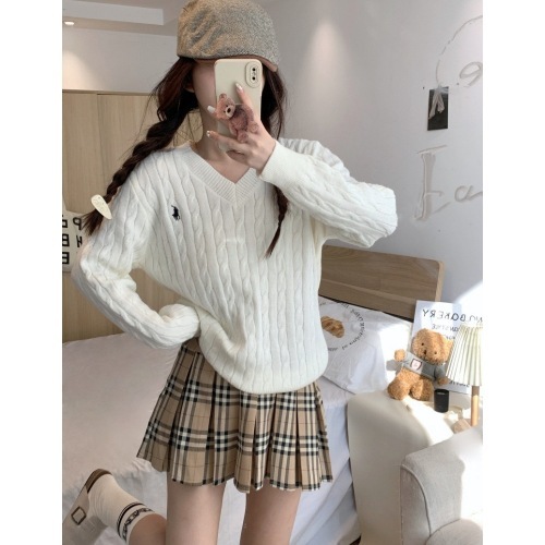 韓国風麻花Vネック無地プルオーバー長袖ニットセーター女性用刺繍入り秋冬トップスins風|undefined