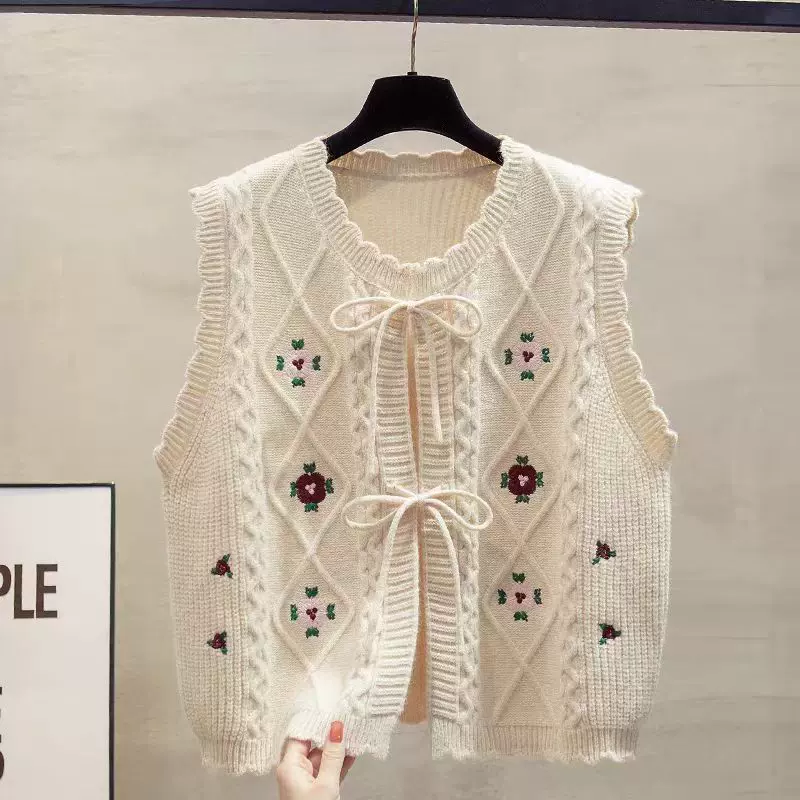 刺绣花朵圆领针织马甲背心女2025春秋新款外穿系带叠穿毛衣坎肩潮