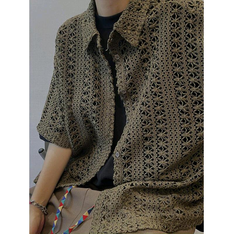 American Style Trendy Brand Vintage All-match Hollow Breathable Knitted Cardigan Shirt Boys Summer Thin Mesh Half-sleeve Shirt
