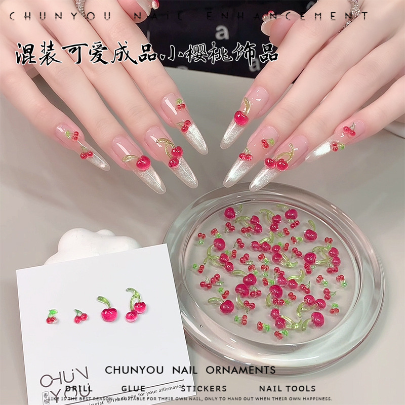 Nuevo estilo pequeño cereza manicura diamante verano hielo rojo cereza tridimensional dibujos animados lindo estilo niña decoración de uñas