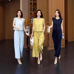 大码时尚套装女2025夏季新款洋气显瘦短袖上衣阔腿裤休闲两件套潮