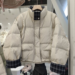 2025 Winter New Patchwork Plaid down Jacket Women's Short Stand Collar Thickened Warm Loose Puffer Coat