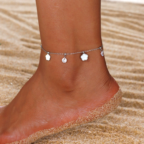 3 five-leaf flower 2-diamond anklets (steel + white shell)
